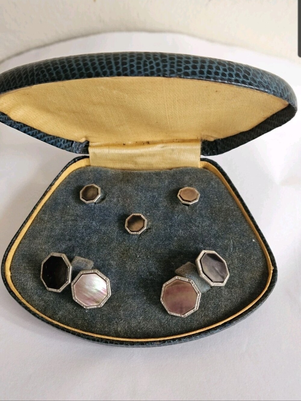 Antique Art Deco KREMENTZ Abalone Platinum Inlay Tuxedo Cufflinks Stud Set/Box
